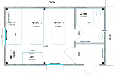 Трёхместный жилой модуль 3,50*6,00м.